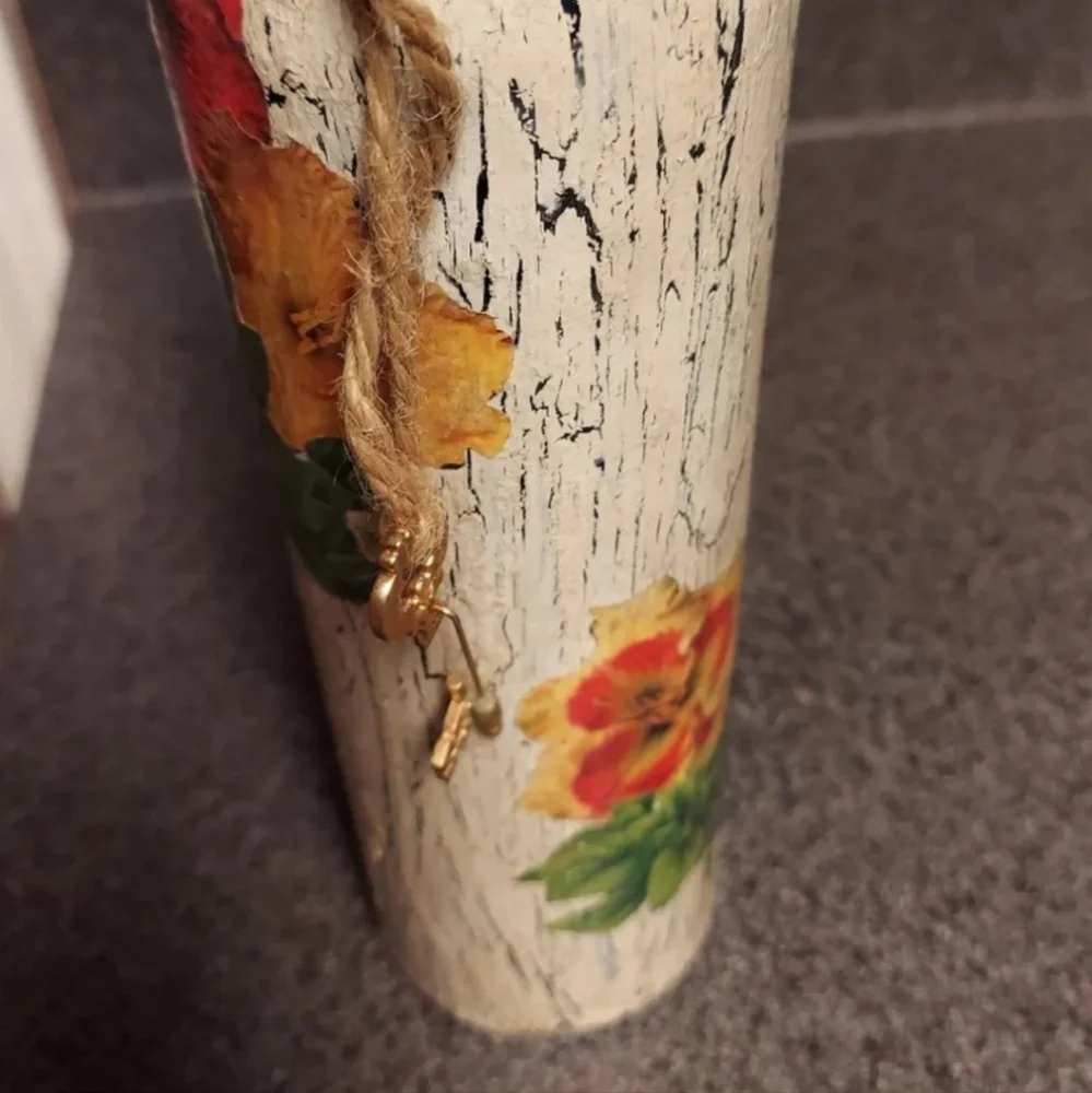Hand Crafted Decoupage Wine Bottle Vase with Key Charm - Unique! EDC